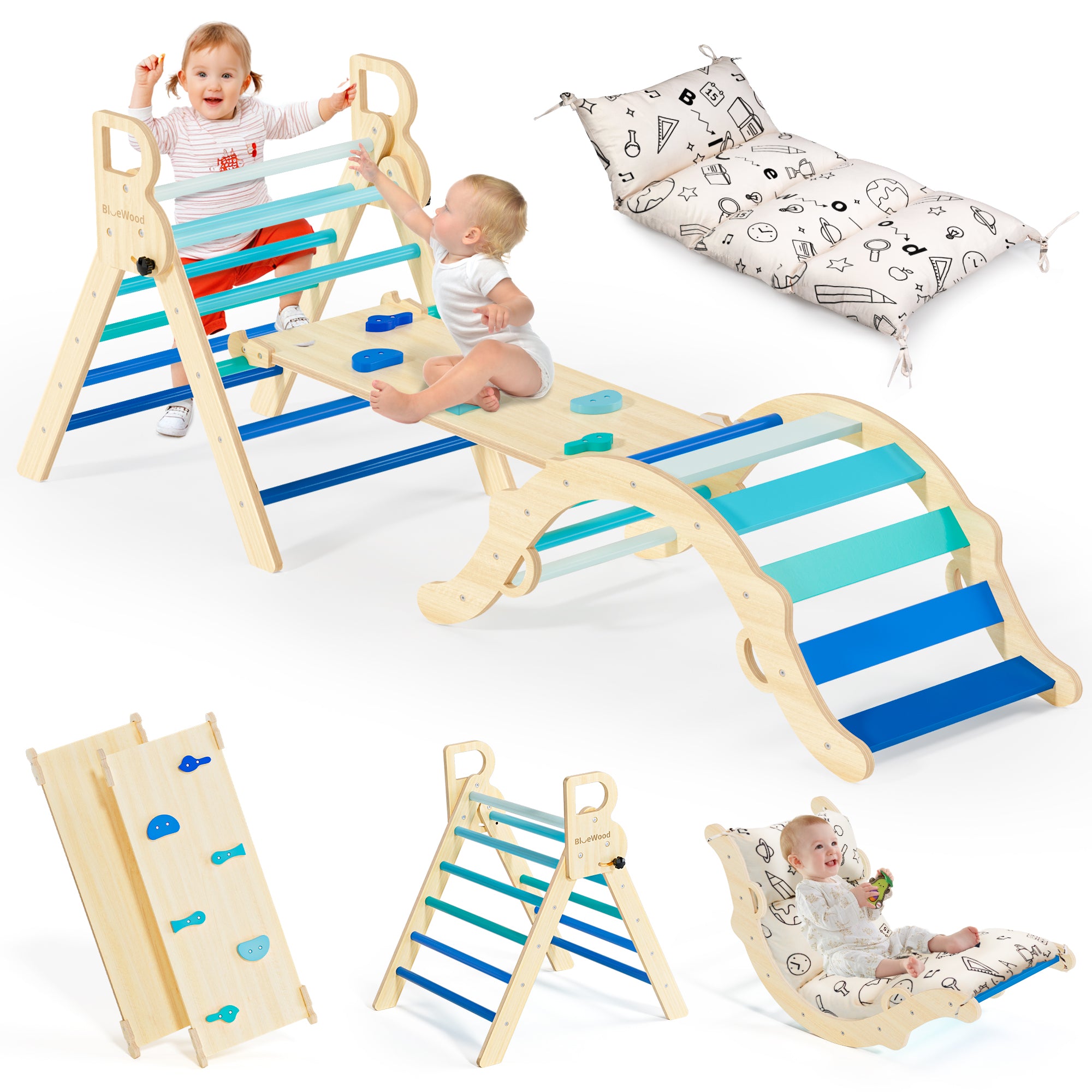 Totsicle- Juego triangular Pikler BlueWood® con cojín *Azul degradado